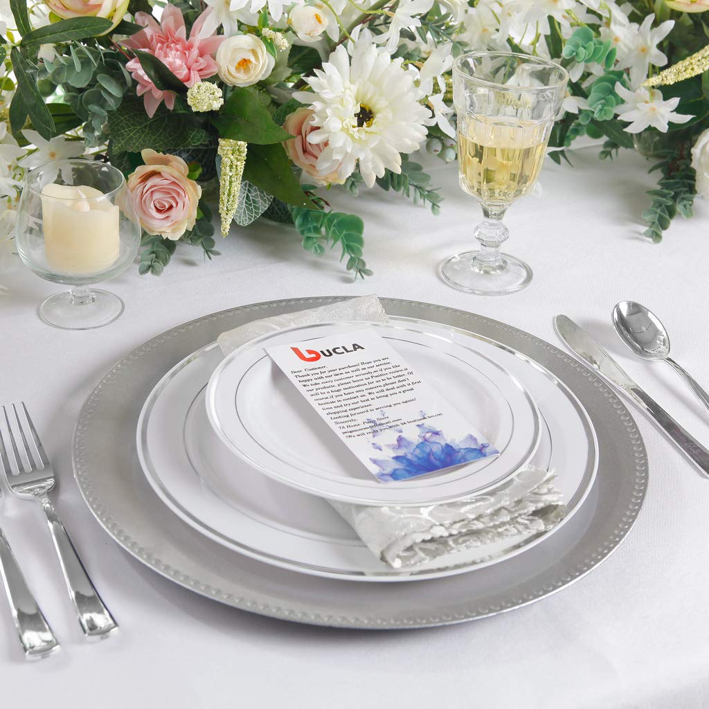 bUCLA 100Pieces Silver Plastic Plates - 10.25inch Silver Rim Disposable Dinner Plates - Ideal for Weddings, Parties & Christmas