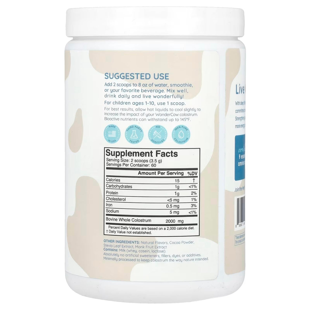 WONDERCOW Colostrum Supplement Powder for Gut Health, Immune Support, Muscle Recovery & Wellness | Natural IgG Pure Whole Bovine Colostrum Superfood, Chocolate, 60 Servings