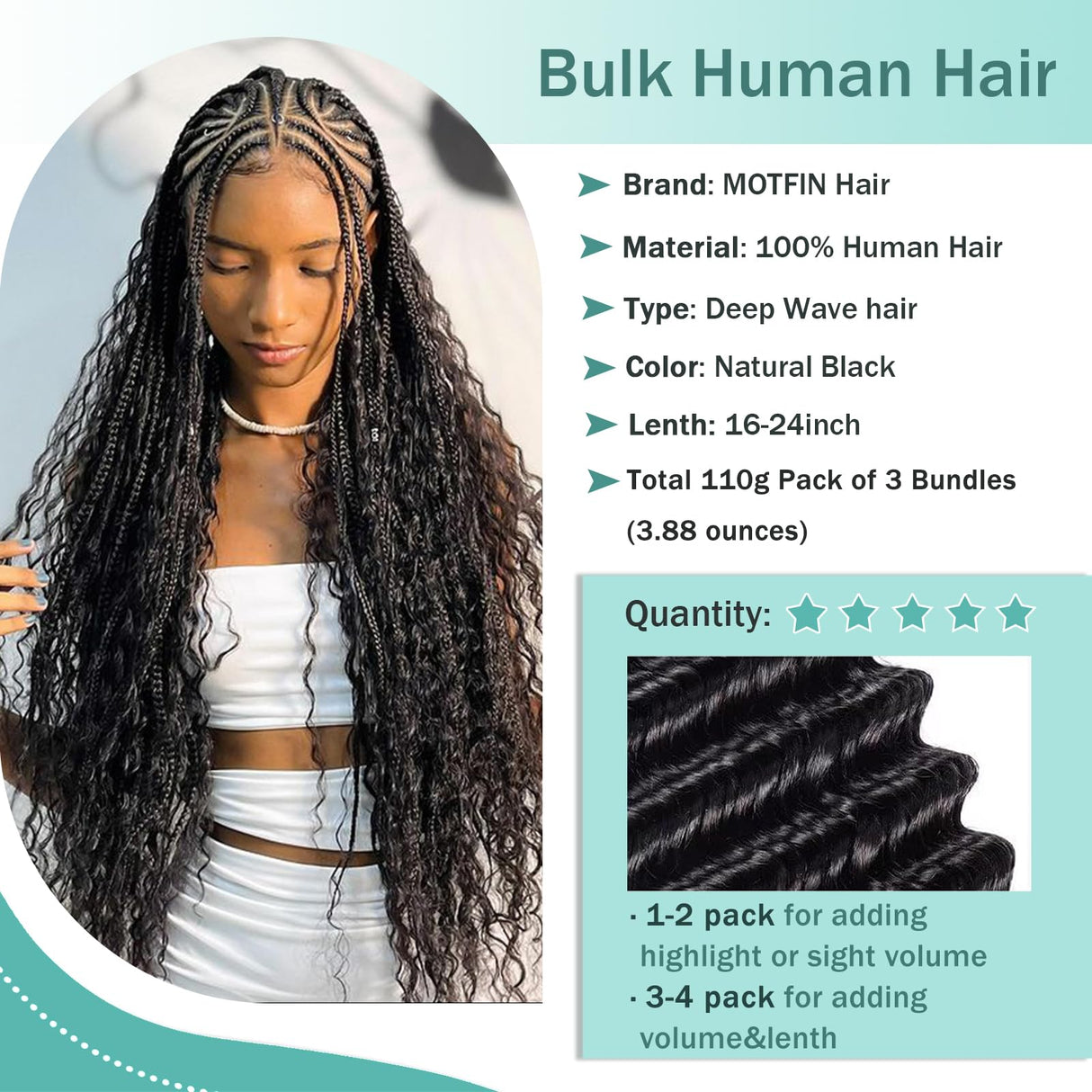 Human Braiding Hair for Boho Braids Human Hair 110g 22 Inch Curly Boho Hair for Braiding Knotless 12A Deep Wave Bohemian 3 Bundles/Pack Natural Color