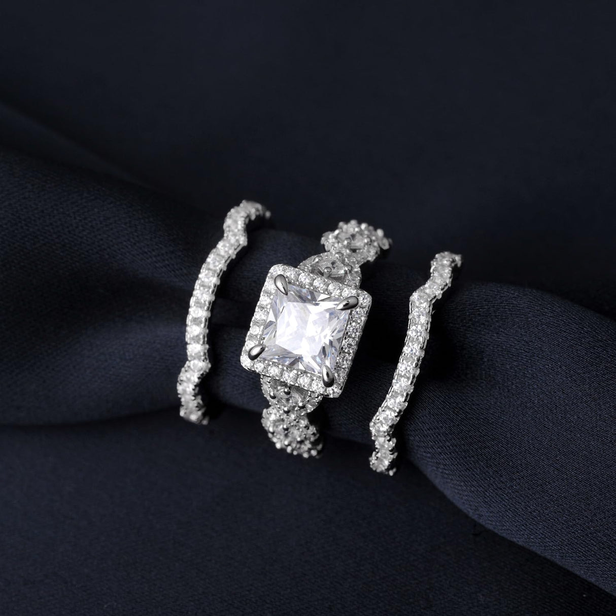 RYANEE Princess Cut Cubic Zirconia Halo Promise Engagement Ring For Women in 925 Sterling Silver, Simulated Diamond 14k White Gold Plated CZ Stackable Rings For Her, Wedding Band Bridal Ring Set 6