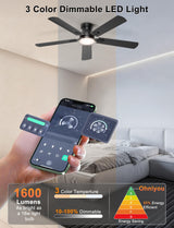 Ohniyou Ceiling Fans with Lights, 52 Inch Low Profile Ceiling Fan with Light and Remote/APP Control, Flush Mount, Dimmable, Quiet DC Motor, Black Ceiling Fan for Bedroom, Living Room