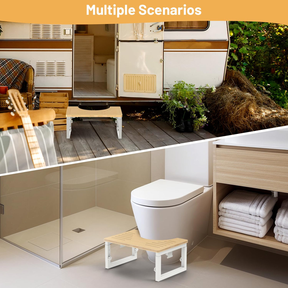 Bamboo Toilet Stool Foldable, 7 in, 8 in Or 9 in Adjustable Height Squat Stool Potty for Adults Kids, Sturdy Poop Step Stool for Bathroom, Improve Squatting Posture, Non-Slip,500 lbs Capability