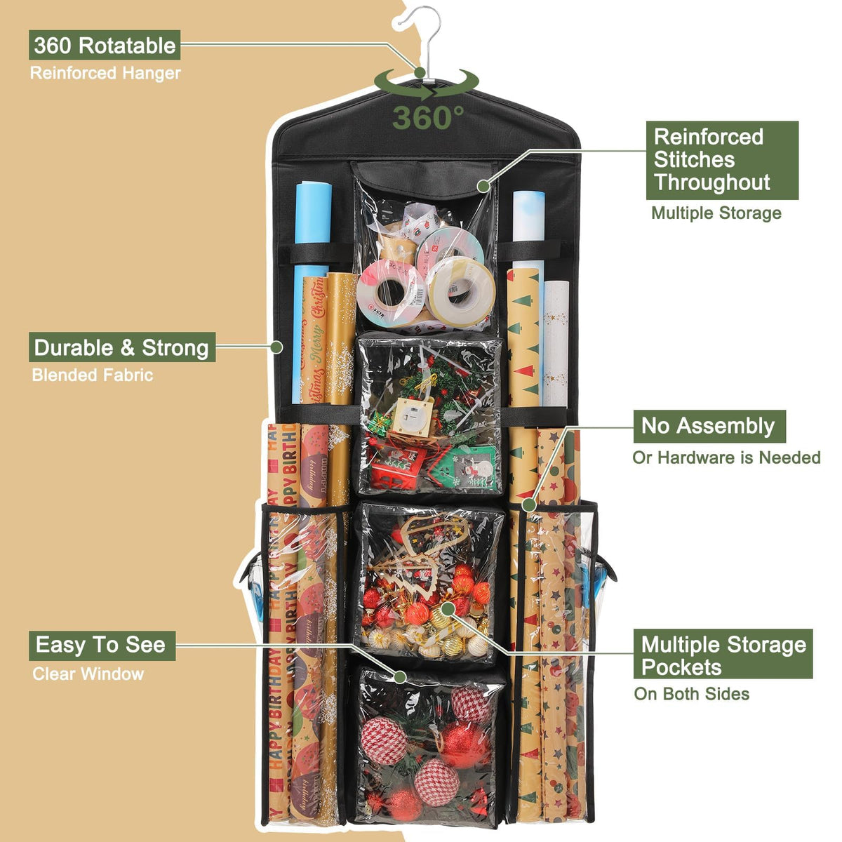 EXLIFBAG Wrapping Paper Storage, Double-Sided Hanging Storage, Black
