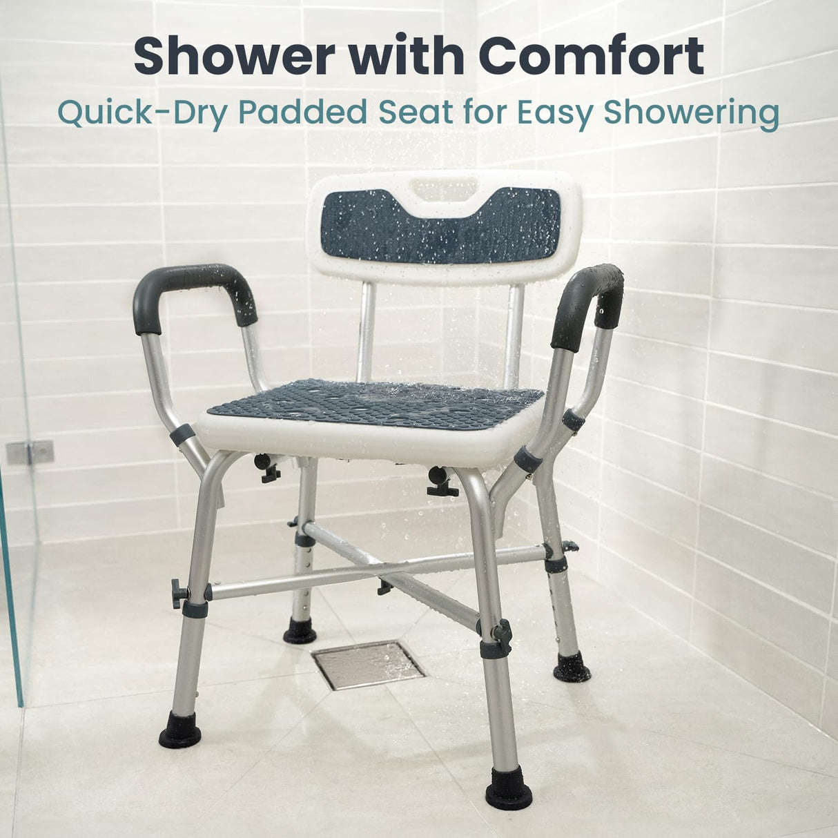 Shower Chair for Elderly and Disabled (450lb) with Padded Armrests and Back, Adjustable Height Shower Seat, Heavy Duty Shower Chairs for Inside Shower, Handicap - Blue