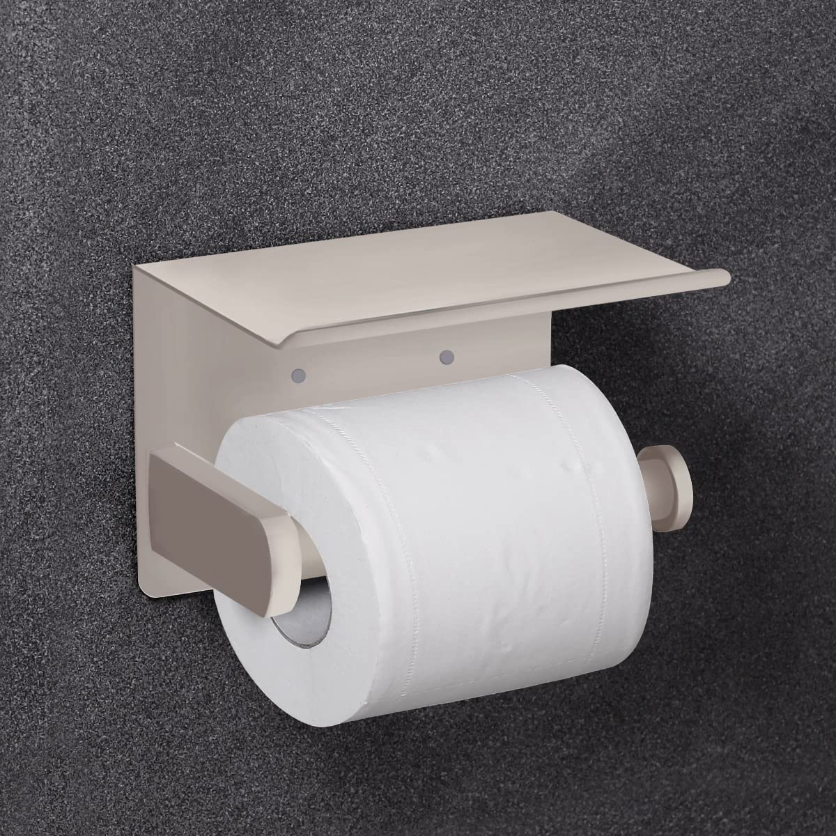 VAEHOLD Self Adhesive Toilet Paper Holder with Phone Shelf SUS 304 Stainless Steel Wall Mounted Toilet Paper Roll Holder - Rustproof and Bathroom Washroom Tissue Roll Holder with Shelf -Beige