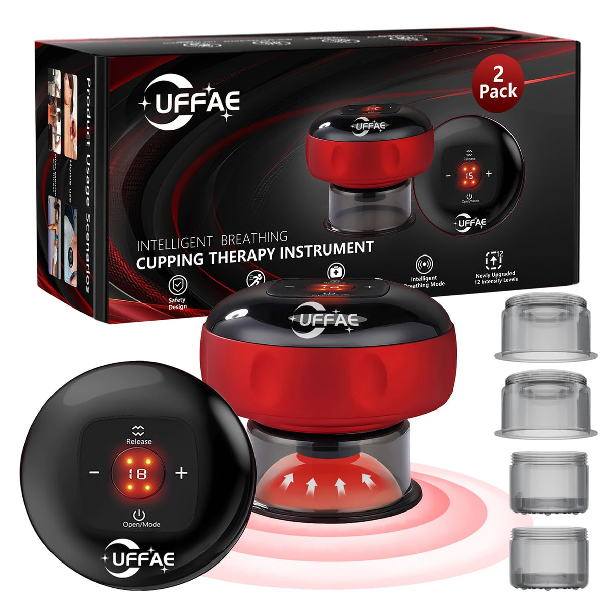 UFFAE 5-in-1 Electric Cupping Therapy Set, Smart Cupping Therapy Massager, 12 Levels of Suction Strength and Temperature Control，for Targeted Pain Relief, Portable Electric Cupping Device