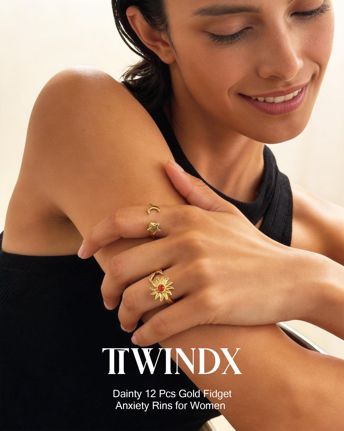 Tiwindx 12 Pcs Fidget Rings for Women Gold Adjustable Cubic Zirconia Sunflower Moon Star Bead Rotatable Relieving Stress Ring Open Spinner Anxiety Rings Set