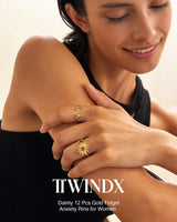 Tiwindx 12 Pcs Fidget Rings for Women Gold Adjustable Cubic Zirconia Sunflower Moon Star Bead Rotatable Relieving Stress Ring Open Spinner Anxiety Rings Set