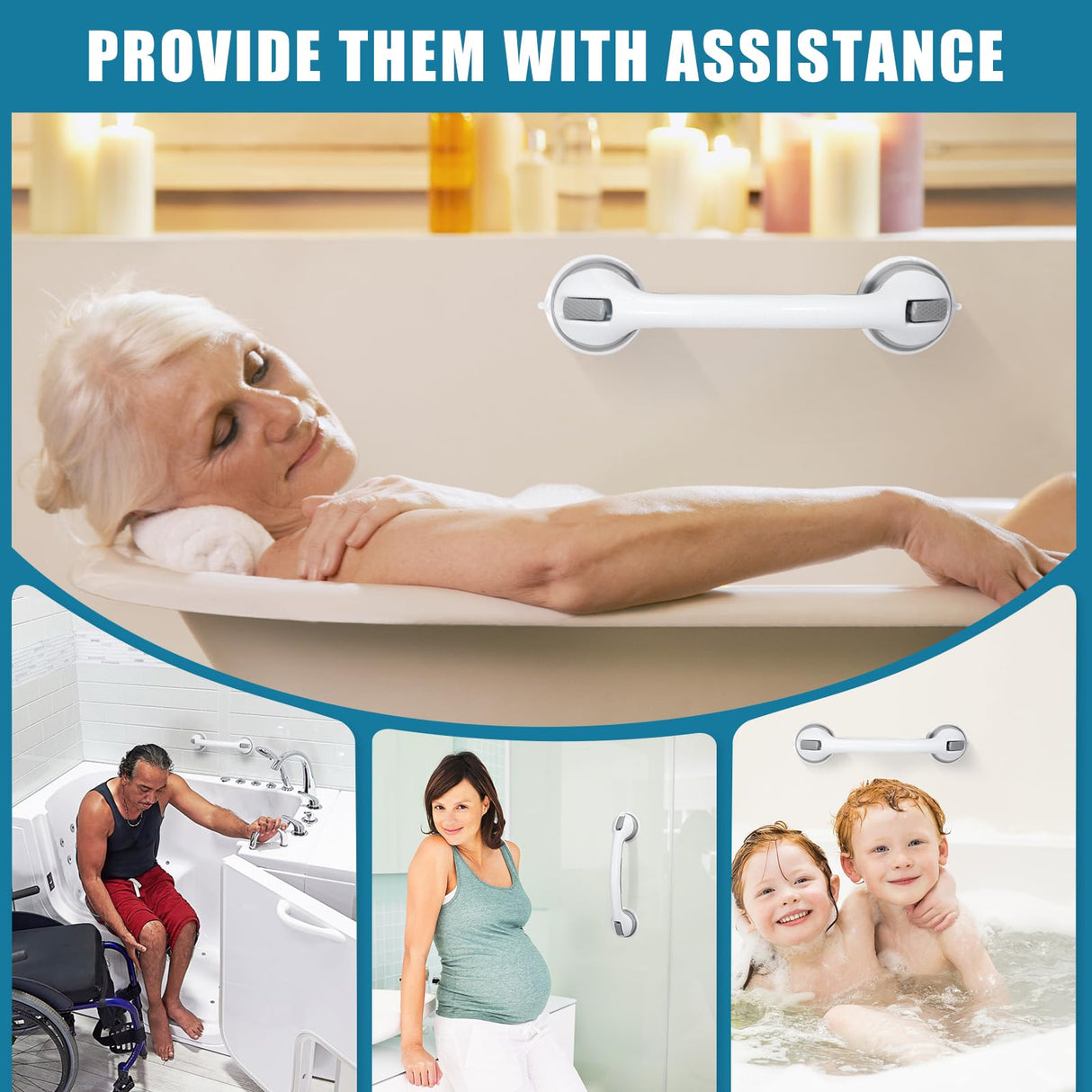 Reyiu Grab Bars for Bathtubs and Showers, 16 Inch Shower Handle Heavy Duty Suction Cup Grab Bars for Shower Chair, Bathroom Safety Bar for Elderly 2 Pack