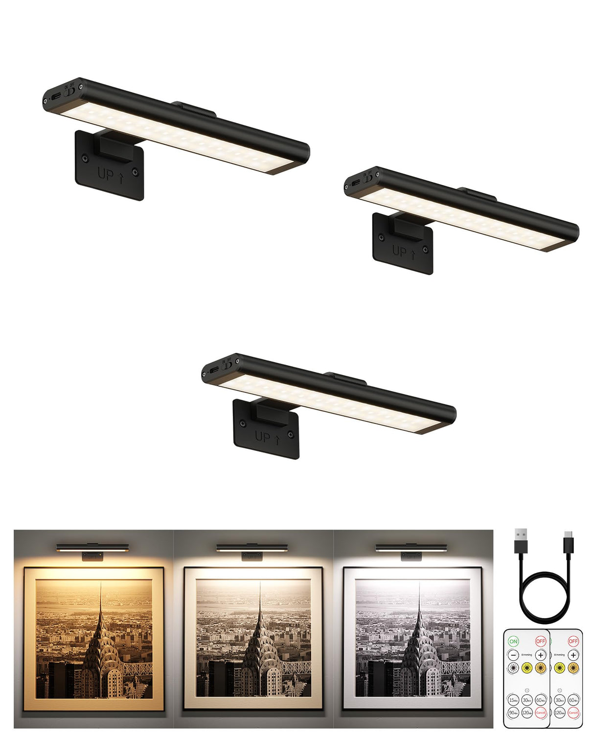 EZVALO Picture Light for Wall, Rechargeable 2400mAh Battery Lights Wireless with IR Remote, 3 Color & Dimmable Magnetic 7.8'' LED Lights Display for Painting, Living Room, Gallery, Bedroom(Black-3P)
