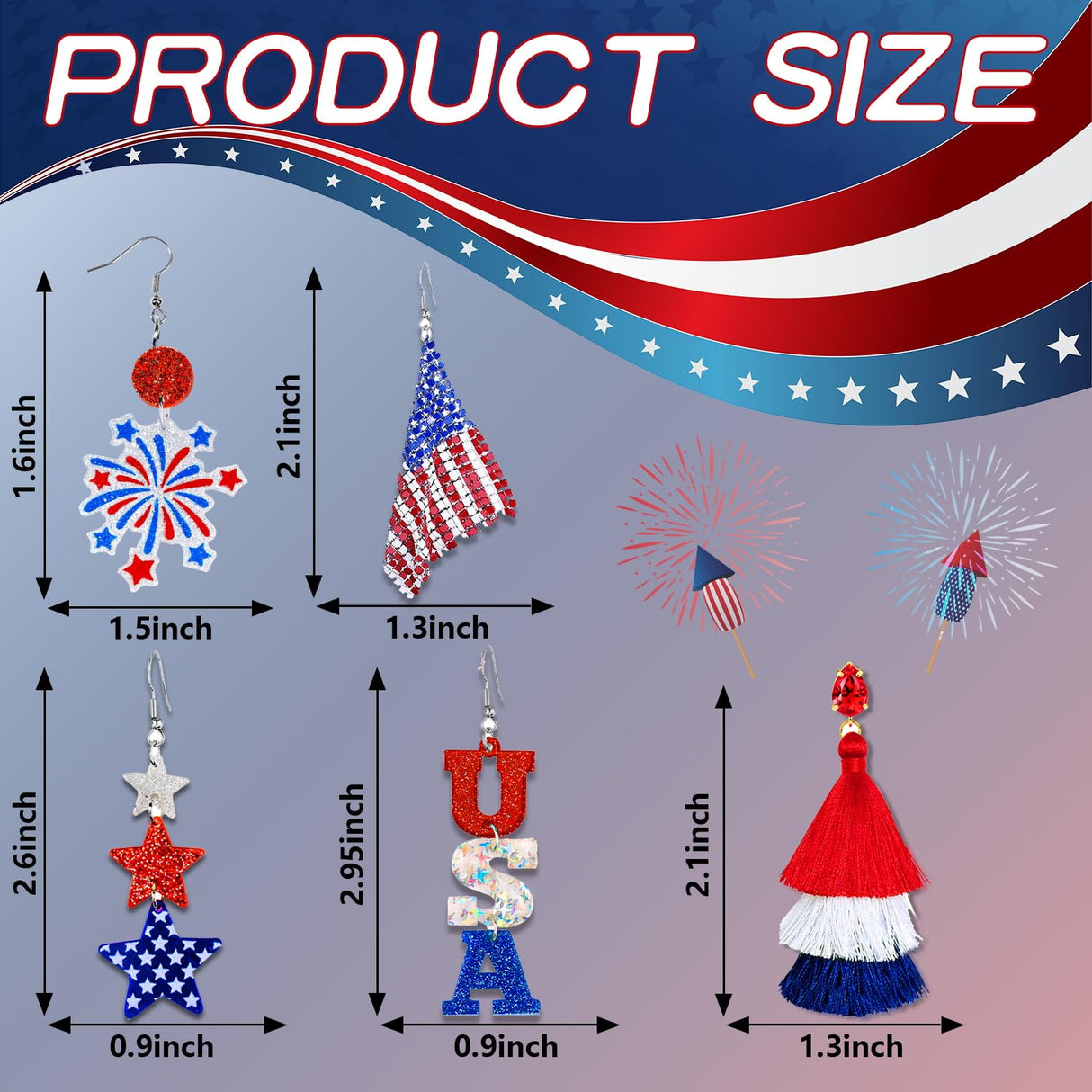 fulasiteu 5 Pairs Patriotic 4th of July Earrings for Women,American Flag Dangle Drop Stud Earrings Fourth of July Accessories Independence Memorial Day Party Favor Gift