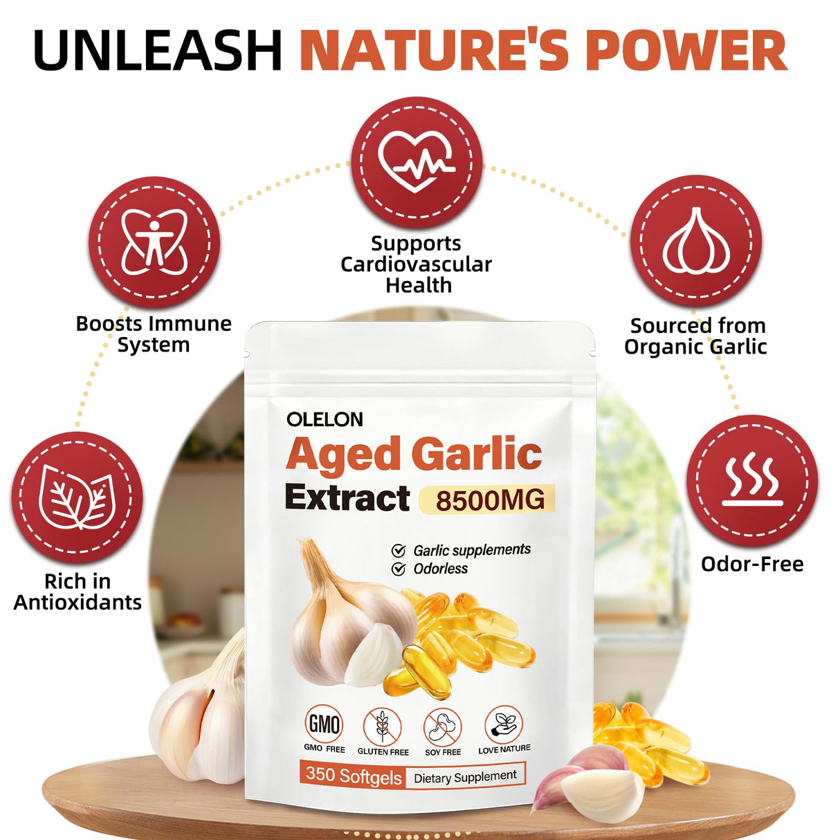 OLELON Aged Garlic Extract 350 Softgels - High Potency, Odorless, Non-GMO & Organic Garlic Supplement for Heart Health, Immune Support & Antioxidant Benefits