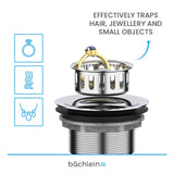 Bächlein Pop-Up Drain Fitting for the Sink, Diameter 70 mm without Overflow, Kitchen Sink, Polished Stainless Steel, Strainer Basket Valve, Basket Valve
