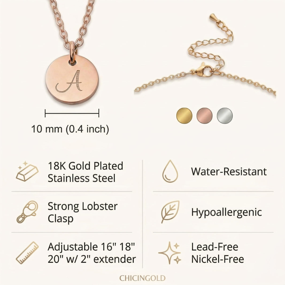 Personalized Initial Necklace for Women, Mom, 18k Plated Gold, Silver, Rose