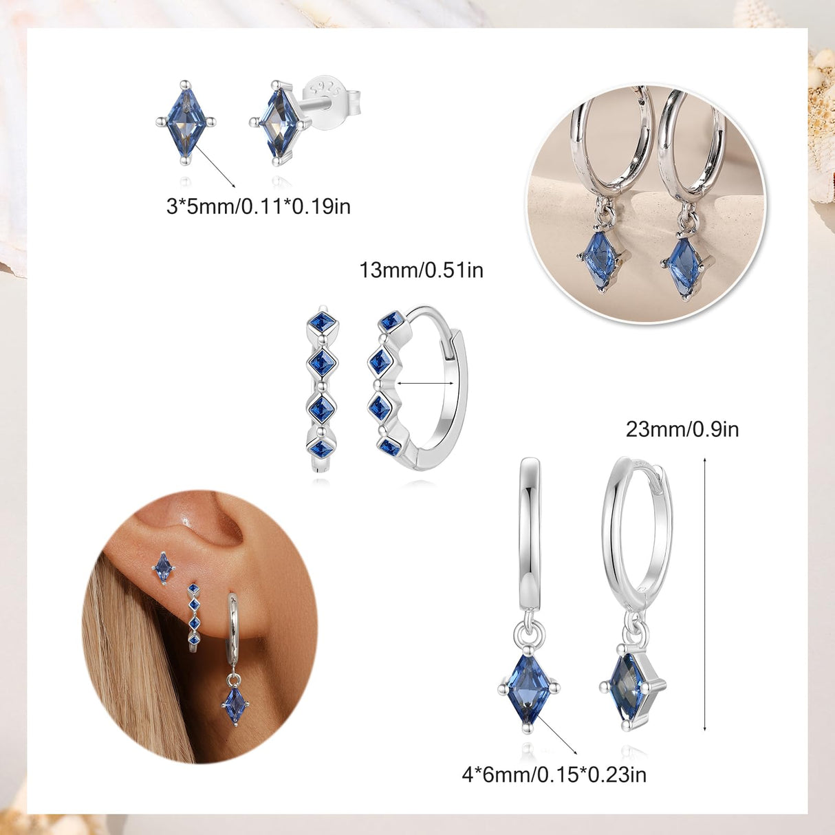 Dainty Blue Earrings Set For Women Dangle Earrings For Women Sterling Silver Hypoallergenic Cartilage Earring Stacks For Multiple Piercing Jewelry Gift