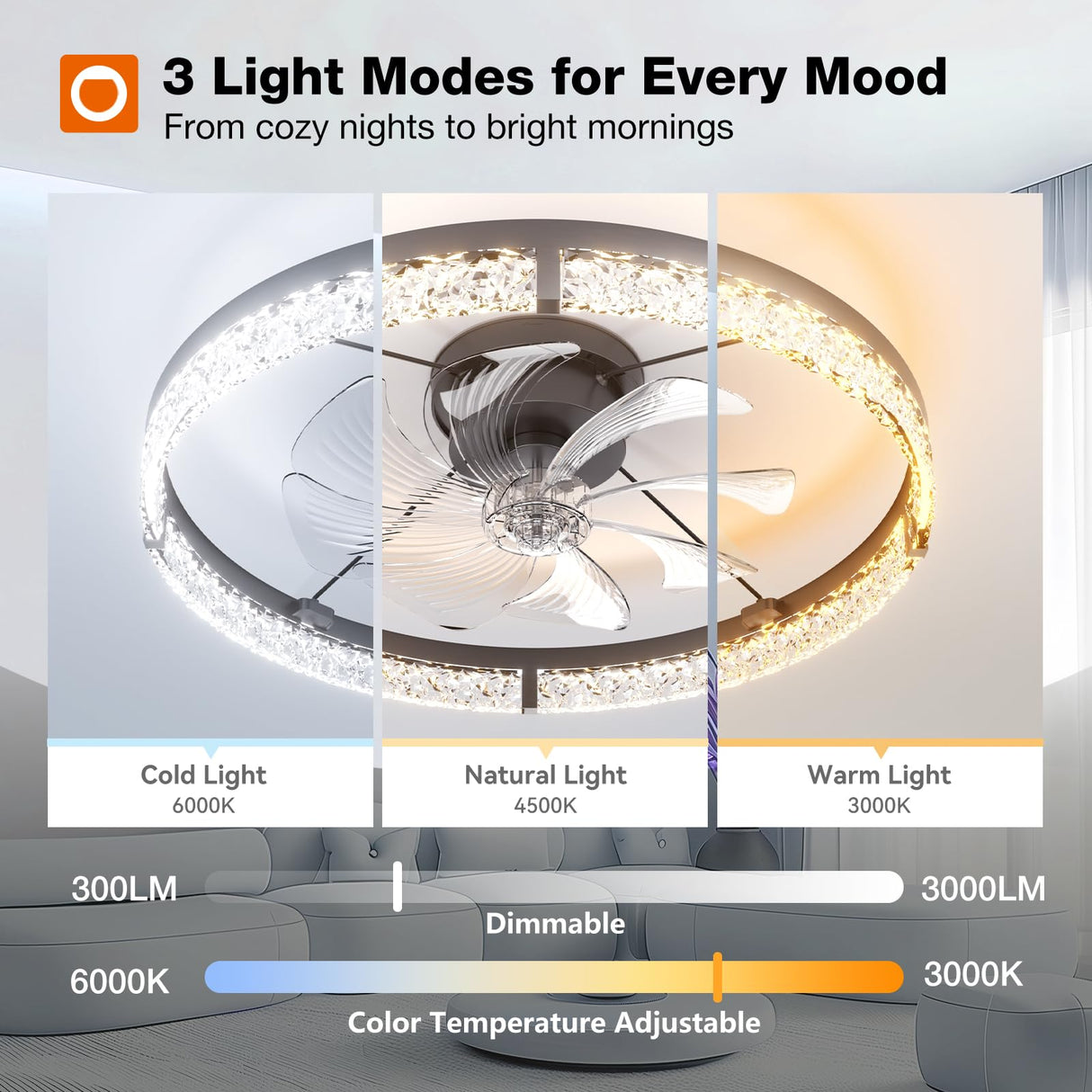 addlon Ceiling Fans with Lights and Remote, 24'' Low Profile Flush Mount Ceiling Fan, 3000–6000K Dimmable LED Fandelier, Bladeless Crystal Fan Light for Bedroom, Kitchen, Living Room, Black