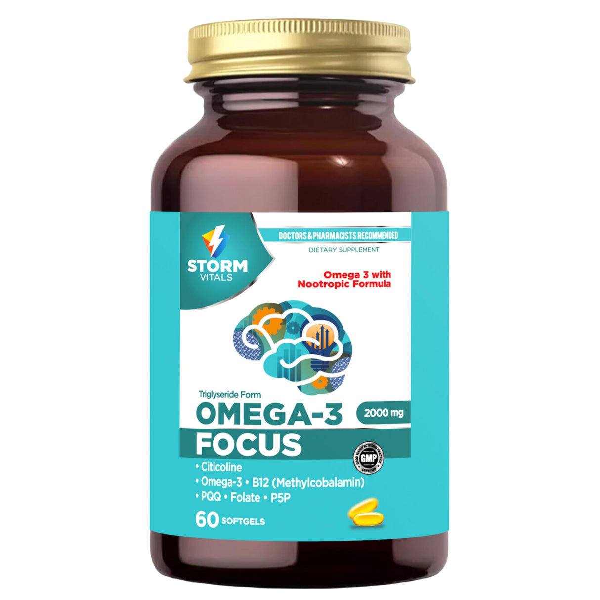 Omega-3 Focus 2000mg, Nootropic Formula with Citicoline, B12, PQQ, Folate, P5P | 60 Softgels - 30 Days Supply