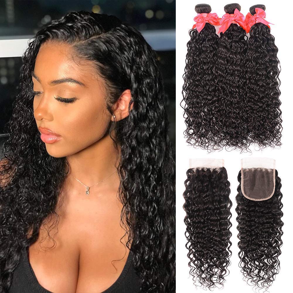 10A Water Wave Bundles with Closure (16 18 20 +14) Wet and Wavy Brazilian Virgin Human Hair 3 Bundles with 4x4 Lace Closure with Baby Hair Free Part 1B# Curly Wave Human Hair Extensions