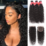 10A Water Wave Bundles with Closure (16 18 20 +14) Wet and Wavy Brazilian Virgin Human Hair 3 Bundles with 4x4 Lace Closure with Baby Hair Free Part 1B# Curly Wave Human Hair Extensions