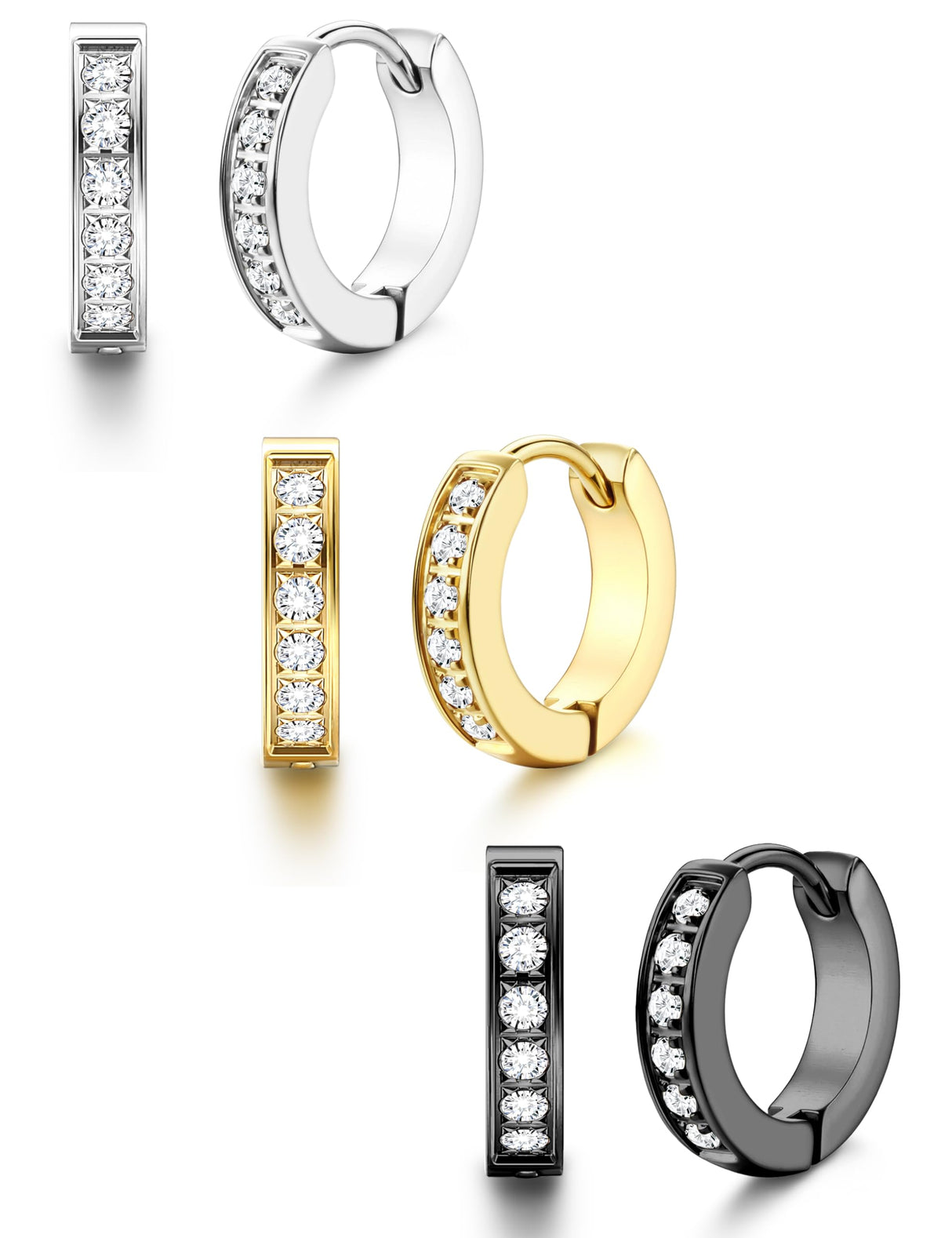 316L Stainless Steel Hoop Earrings for Men Women Hypoallergenic Cubic Zirconia Silver/Black/Gold Hoop Huggie Cartilage Earrings for Women Men Hoops 13mm Outer diameter
