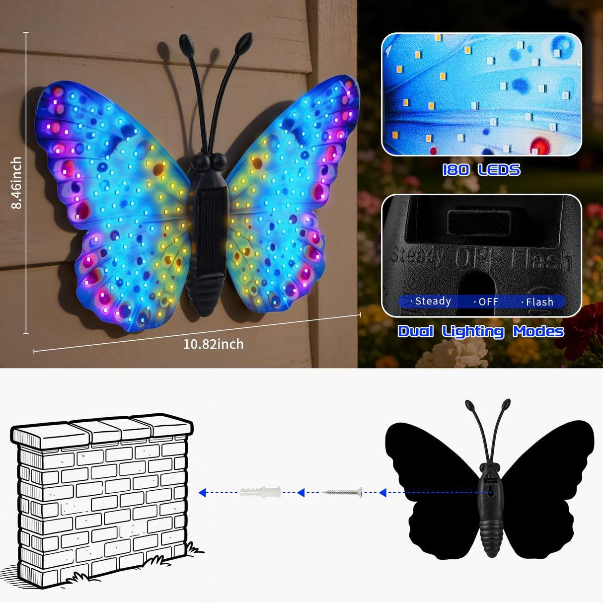 XMHBCSM Solar LED Butterfly Outdoor Wall Decor with Sparkling Light-Up Wings - Hanging Solar Lights for Garden, Yard, Patio, Balcony, Living Room, Bedroom