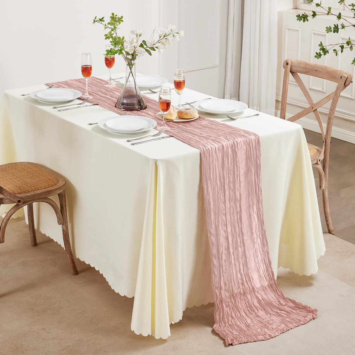 6 Pack Dusty Pink Cheesecloth Table Runner 10FT Long Boho Gauze Table Runner Rustic Sheer Runner for Wedding Bridal Baby Shower Birthday Party Table Decor Thanksgiving Christmas Decorations