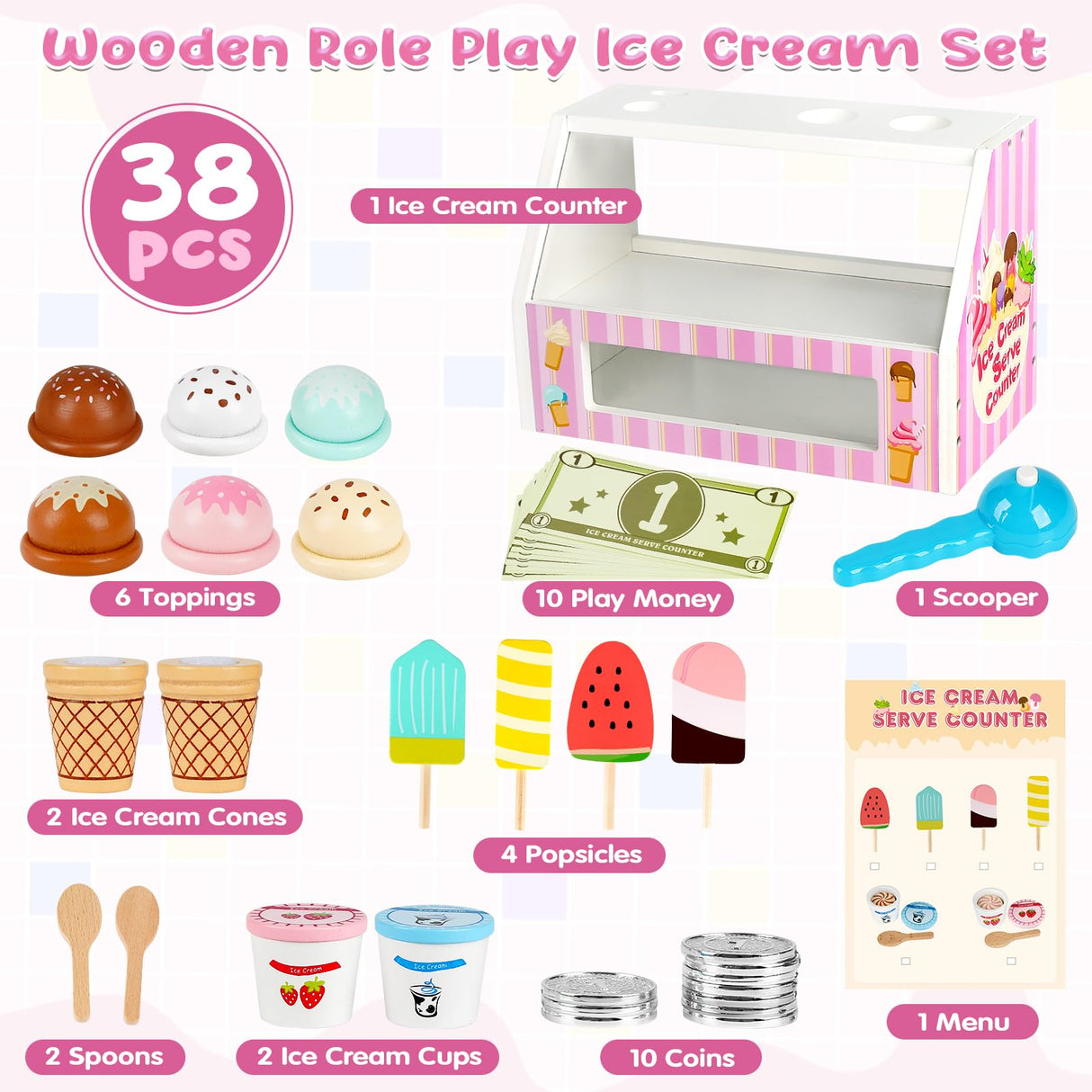Dreamon Ice Cream Counter Playset for Kids, 38 PCS Wooden Ice Cream Set Shop for Toddlers 3-5, Toddler Pretend Play Toy, Christmas Birthday Gift for Boys and Girls