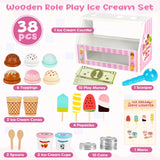 Dreamon Ice Cream Counter Playset for Kids, 38 PCS Wooden Ice Cream Set Shop for Toddlers 3-5, Toddler Pretend Play Toy, Christmas Birthday Gift for Boys and Girls