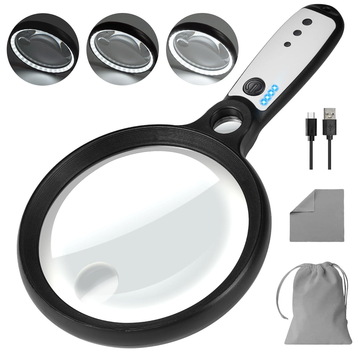 Large Magnifying Glass with 37 LED Light, 10X 20X 45X Handheld Illuminated Lighted Magnifier with 3 Light Modes Rechargeable Magnifying Glass for Seniors Reading, Inspection (Black & White)
