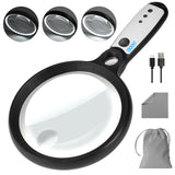 Large Magnifying Glass with 37 LED Light, 10X 20X 45X Handheld Illuminated Lighted Magnifier with 3 Light Modes Rechargeable Magnifying Glass for Seniors Reading, Inspection (Black & White)