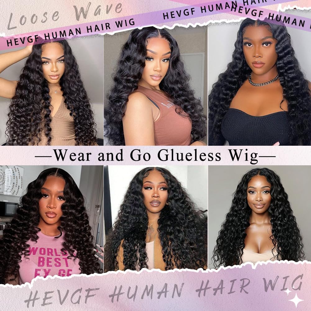 Glueless Curly Wigs Human Hair 7x5 Wear and Go Wig Human Hair Pre Plucked Pre Cut Black Deep Wave Closure Lace Front Wigs Human Hair 12a 220% Density Loose Curly Wig Bleached Knots for Women 28 Inch
