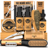 Beard Straightener Grooming Kit for Men, Beard Growth Kit, Wash, Brush & Comb, Unscented Growth Oil, All Natural Chanel Balm, Conditioner, Razor & Scissors, Great Gift Idea for Men's (Bamboo)