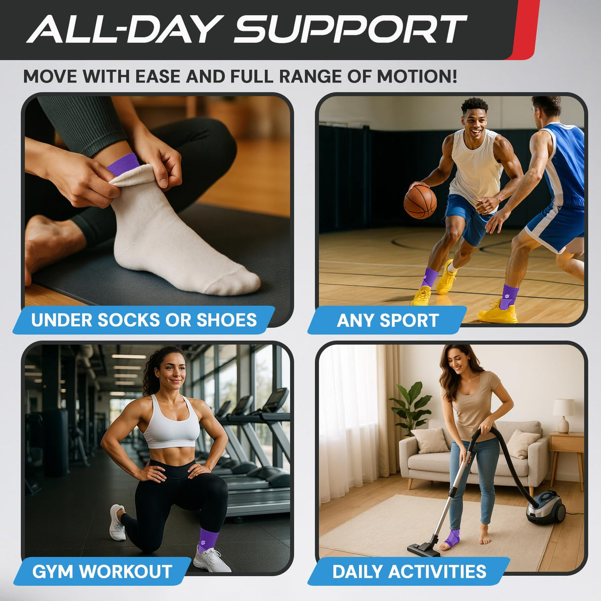 Sleeve Stars Ankle Brace for Women & Men, Ankle Wrap for Sprain, Compression Sleeve for Plantar Fasciitis Relief, Easy Customizable Support: w/ Removable Strap (Single/M:10"-12"/Dark Purple)