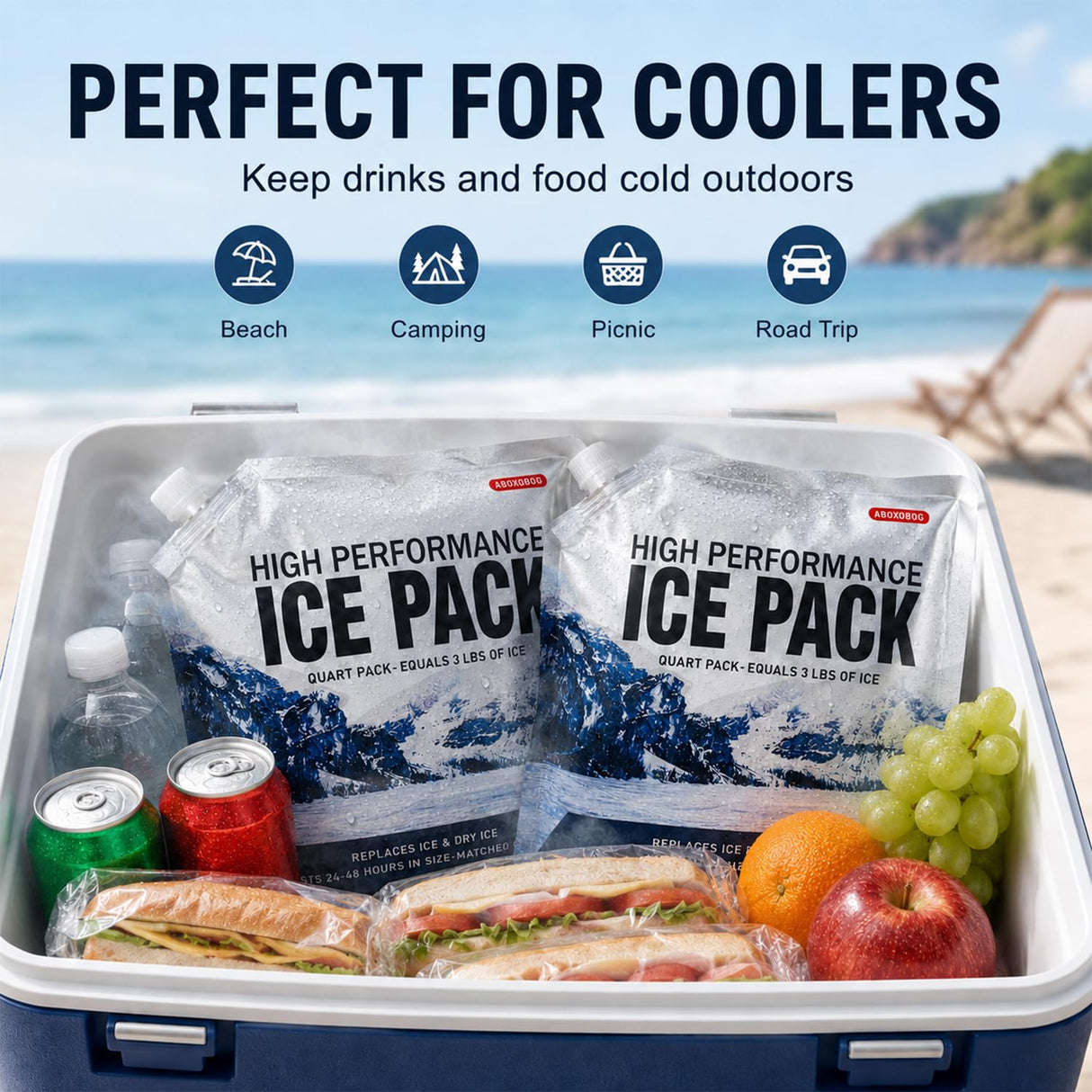 ABOXOBOG Reusable Ice Packs for Coolers Long Lasting Gel Freezer Packs for Lunch Bags Cooler Backpack Lunch Box for Camping & Picnics (9.8"x9.8"x4P)
