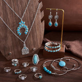 MEDOJO 26 Pcs Boho Jewelry Set for Women Bohemian Layered Western Necklace Stackable Turquoise Ring Turquoise Hoop Dangle Earrings Studs