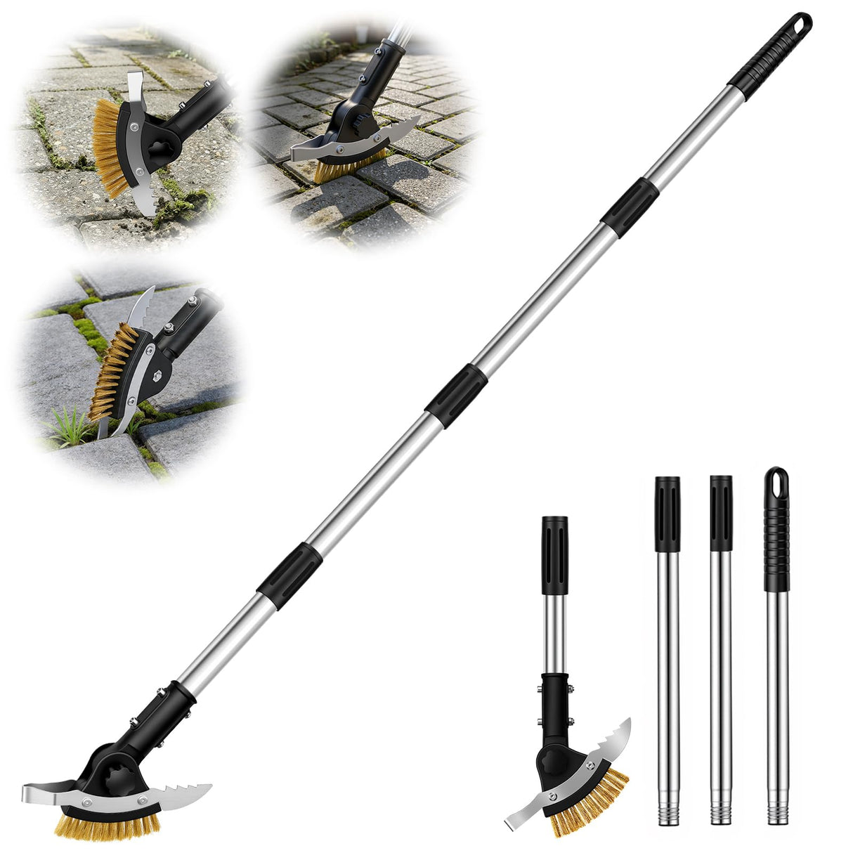 Hysagtek Crack Weeder Long Handle - 3-in-1 Adjustable Crevice Cleaning Brush with 2 Scrapers, Durable Manual Stainless Steel Weed Puller Tool for Driveway Patio Sidewalk Garden Lawn