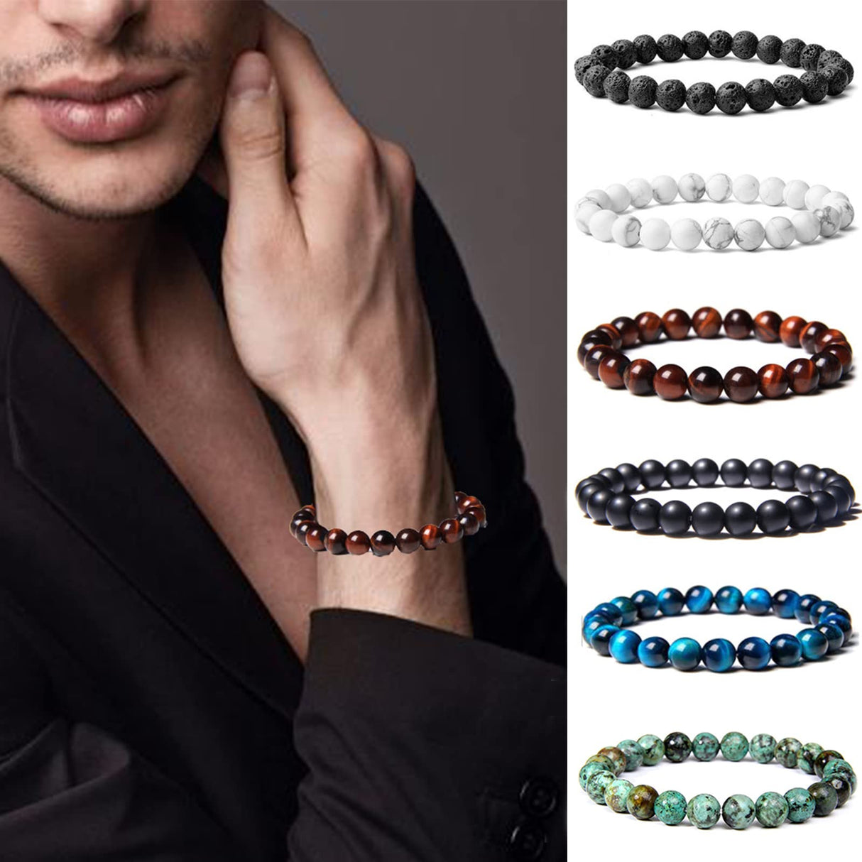 CASDAN 12PCS 8mm Semi-Precious Gemstones Beaded Bracelets for Men Women