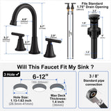 Bathroom Faucets for Sink 3 Hole, Hurran Matte Black Bathroom Sink Faucet with Pop-up Drain and Supply Lines, Stainless Steel Lead-Free Widespread Faucet for Vanity RV Farmhouse, 2 Pack