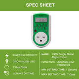 Grow1 240V Outlet Digital Timer, Single Outlet, 15A, Compatible with 220V, 230V & 240V Outlets, Great for Grow Lights, Reptile Enclosures & Aquarium Timer
