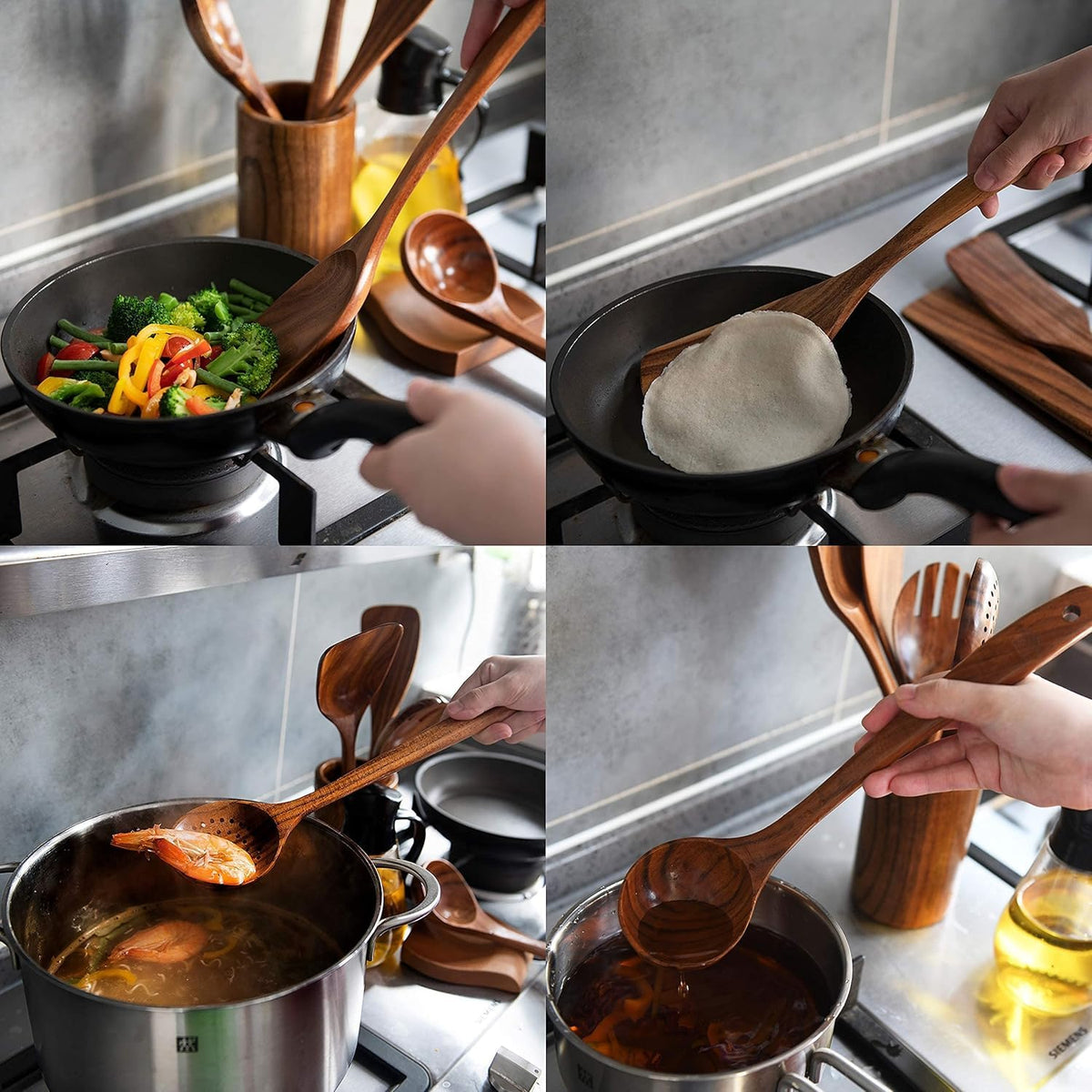 Wooden Utensil Set, 8 Pcs Teak Wooden Spoons for Cooking with Holder