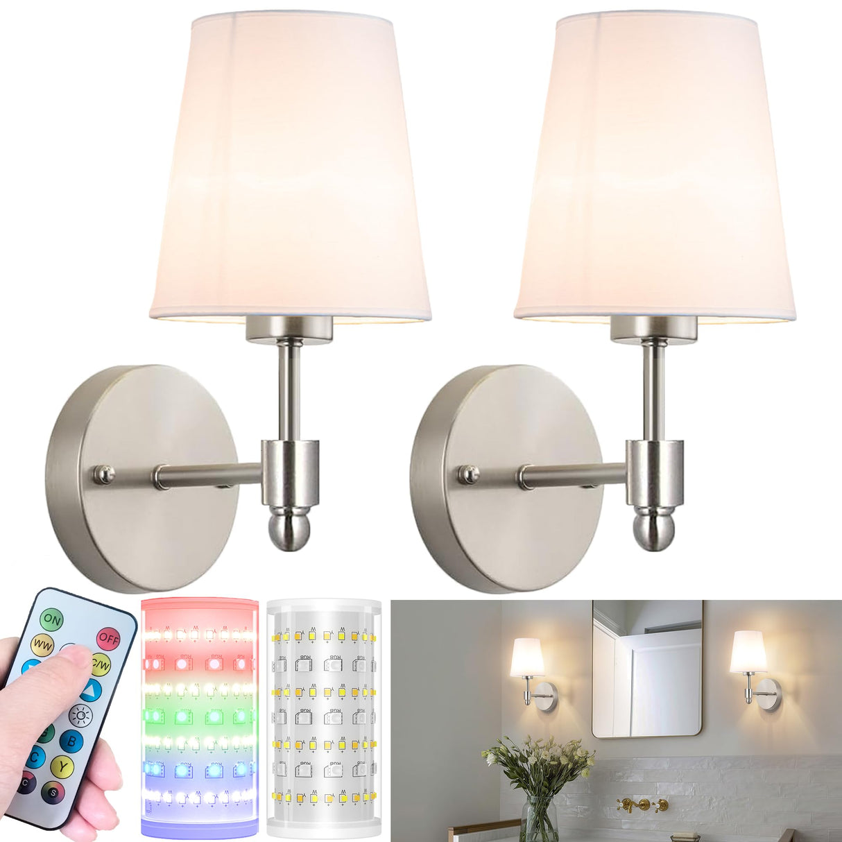 Battery Operated Wall Sconces Set Of 2, Wireless Battery Wall Light With 10000mAh RGB Rechargeable Magnetic Bulb, Rechargeable Wall Sconce With Remote Control For Bedroom, No Electrician Required