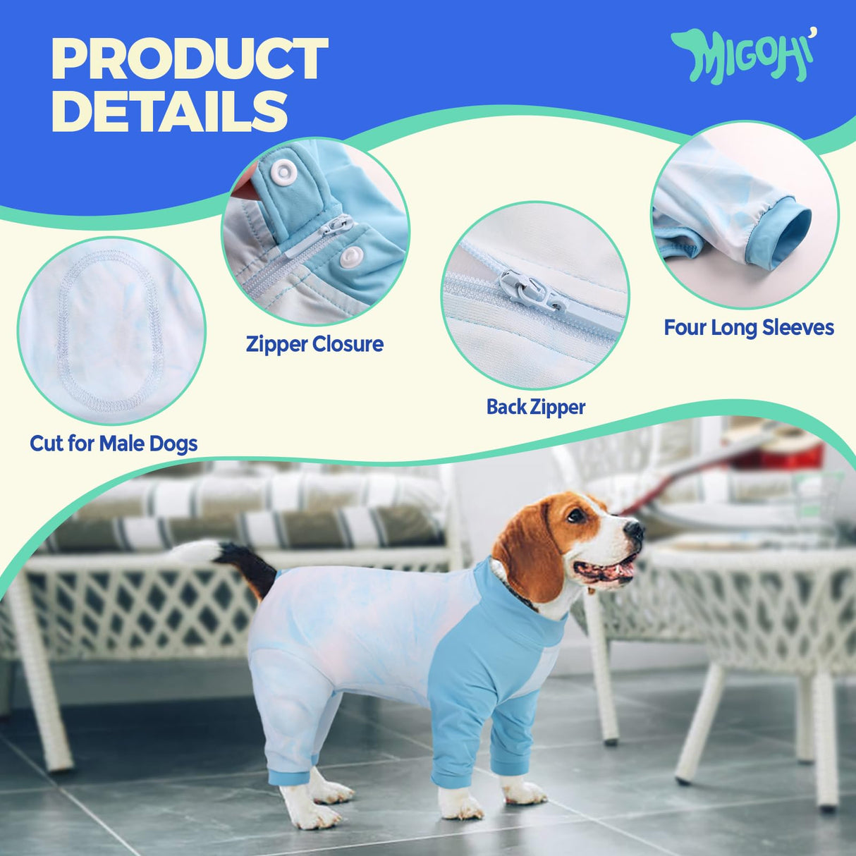 MIGOHI Full Body Dog Recovery Suit - Breathable Onesie for Female Male, Anti-Licking Pajamas, Surgery Suit for Large Dogs, XL, Blue