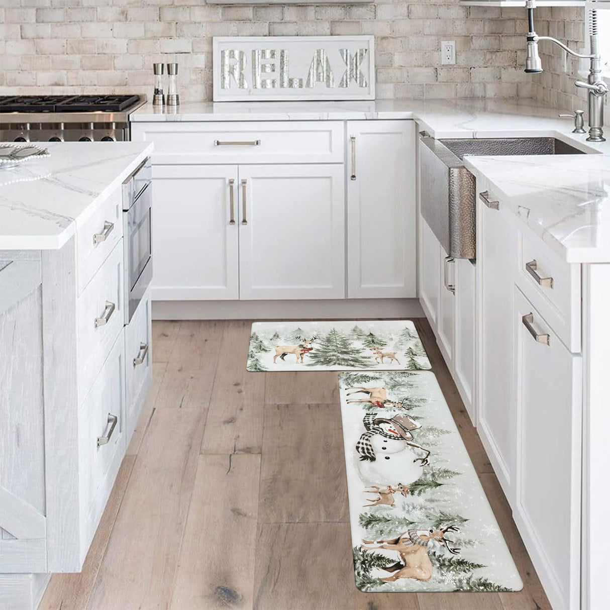 U'Artlines 2Pcs Christmas Anti Fatigue Kitchen Rugs and Mats, Christmas Tree Snowman Deer Non Slip Foam Cushioned Farmhouse Kitchen Floor Mats Comfort Standing Mats for Winter Home Decor Grey