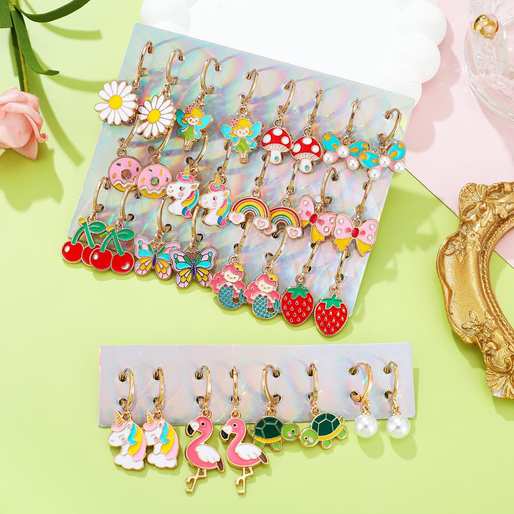 16 Pairs Hypoallergenic Dangle Hoop Earrings for Girls Teens Kids Women Cute Flower Animal Earrings Small Hoop Earrings Sets with Charms (Cute)