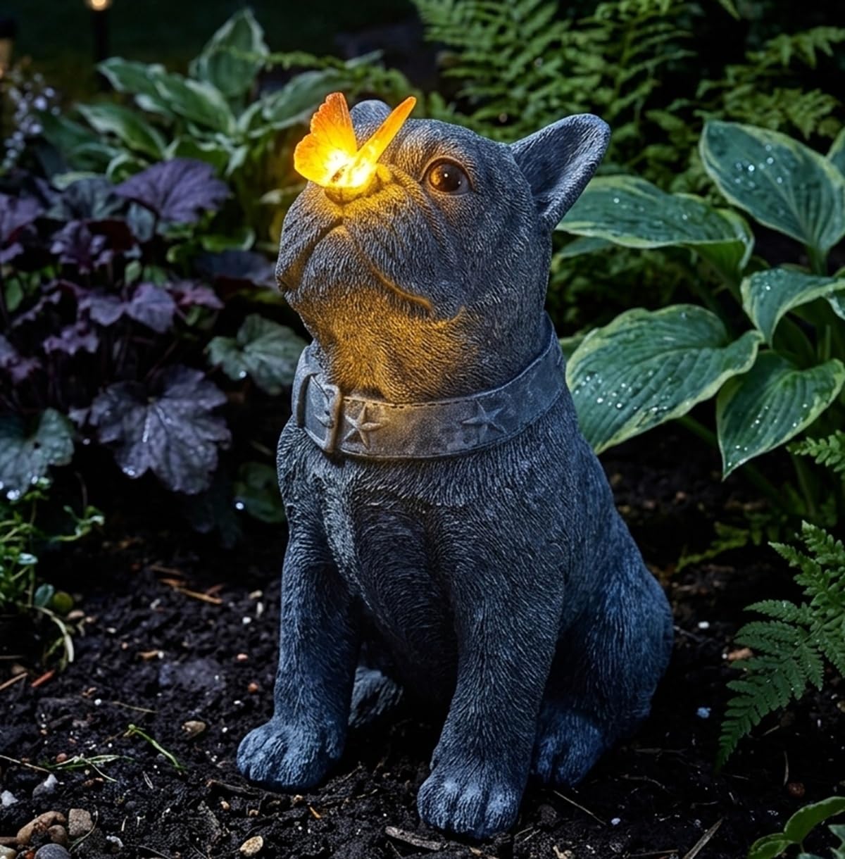 Scoomor Solar French Bulldog Garden Statue with Butterfly, Outdoor Frenchie Sculpture Decor for Patio, Yard & Lawn, Unique French Bulldog Gifts & Dog Memorial Statue,10 Inch, Resin (Grey Stone)