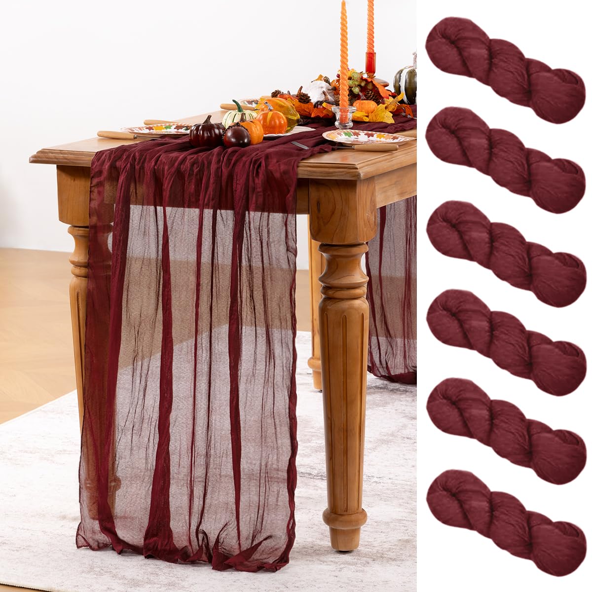 DeZerlor Burgundy Red Cheesecloth Table Runner 6 Pack Fall Table Runners Boho Gauze 120 Inches Red Cheese Cloth Fall Table Decorations for Thanksgiving Christmas Weddings Bridal Shower Candlelight