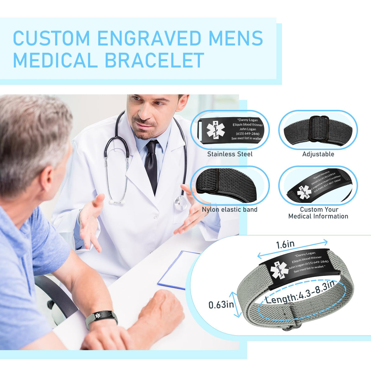 KBPTM Custom Medical Alert Bracelet Personalized Engraving Medic Info ID Bracelet Customized Emergency Medical Bracelets Gifts for Men Women Dad Fathers Day (black)