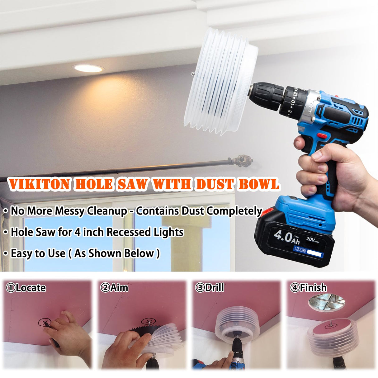 VIKITON 4-1/8 Hole Saw for Recessed Lights, 4.1 Inch Hole Cutter with Dust Bowl Catcher for Led Recessed Lighting 4 Inch and Wood Metal Drywall, Bi-Metal Construction, Black