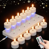 Rechargeable Flameless Tea Lights Candles with Charging Station 12Pcs Battery Tea Lights Candles with Remote & Timer LED Tealight Flickering Realistic for Home Christmas Wedding Decor - White
