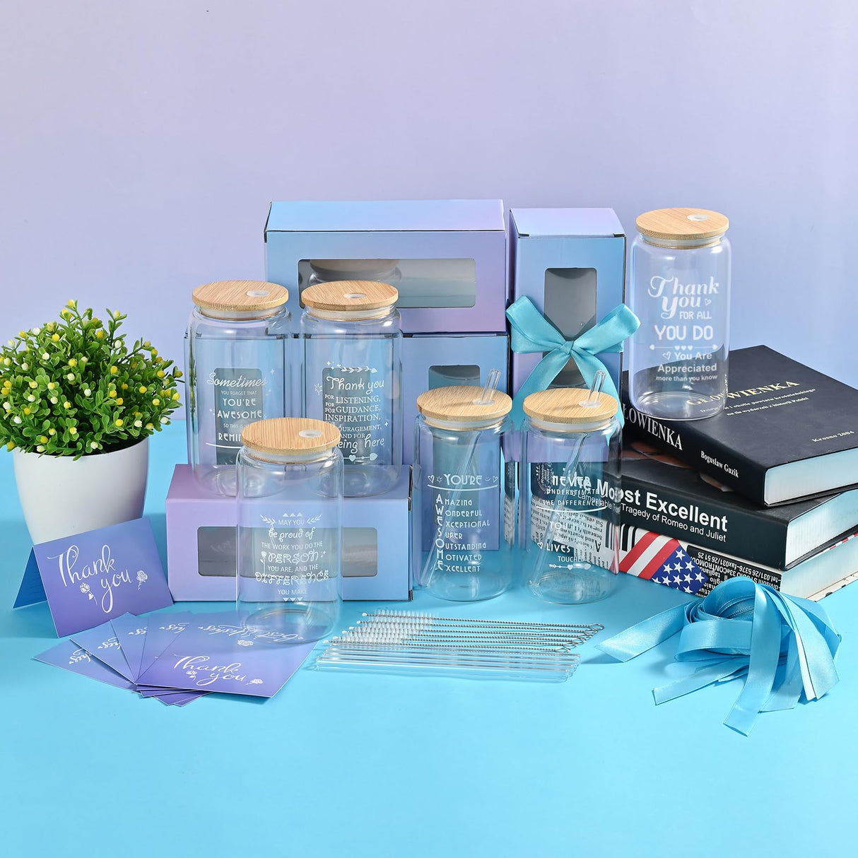 OLSUNOR 6 Set Employee Appreciation Gifts Bulk, Personalized Inspirational Thank You Gifts for Christmas Staff Coworker 16 oz Can Shaped Beer Glass Cups, Gift Box and Card for Team Women Men Teacher